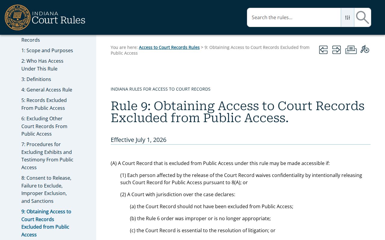 Indiana Access Rule 9 procedure for excluded court records