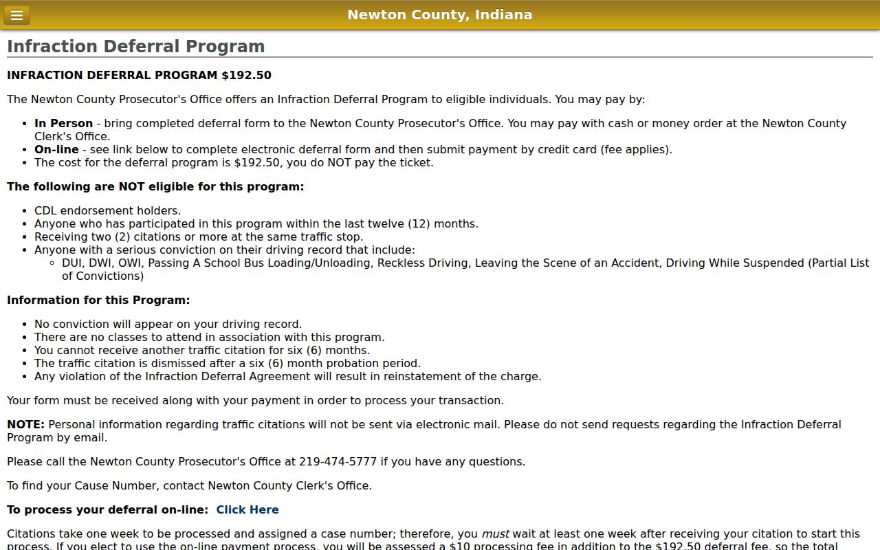 Newton County infraction deferral program instructions