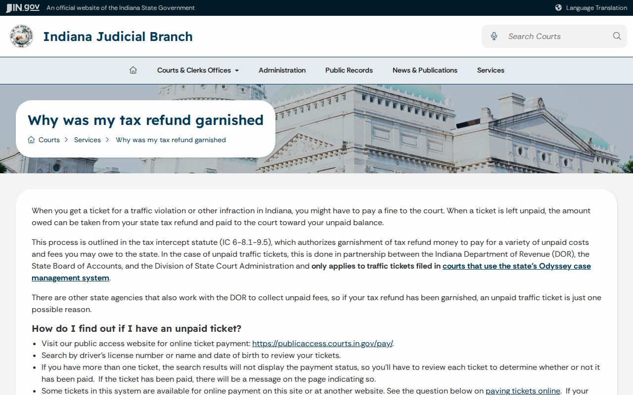 Indiana court guidance for unpaid traffic debt and tax-refund garnishment